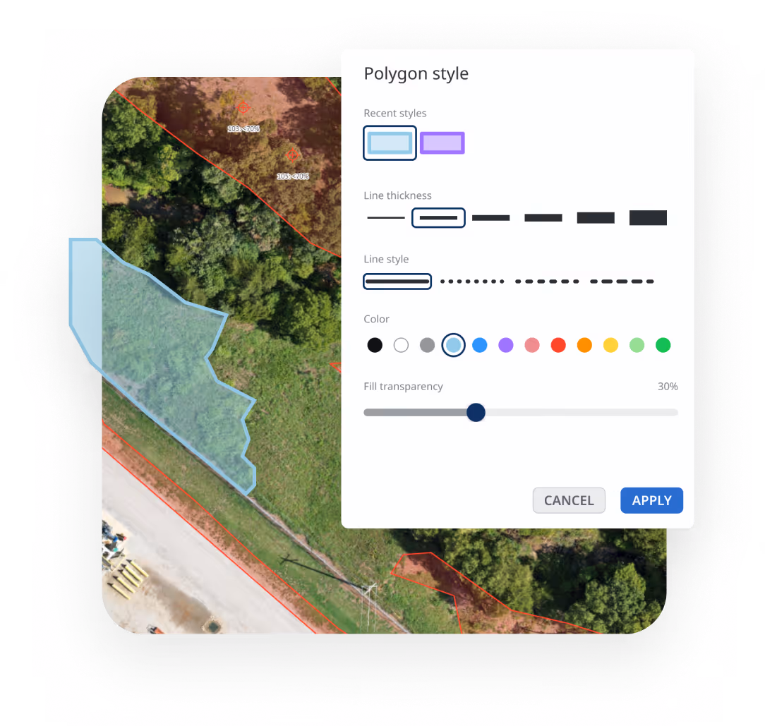 Matidor interactive map with polygon boundary overlay and style panel showing line thickness, colour options, and transparency slider.