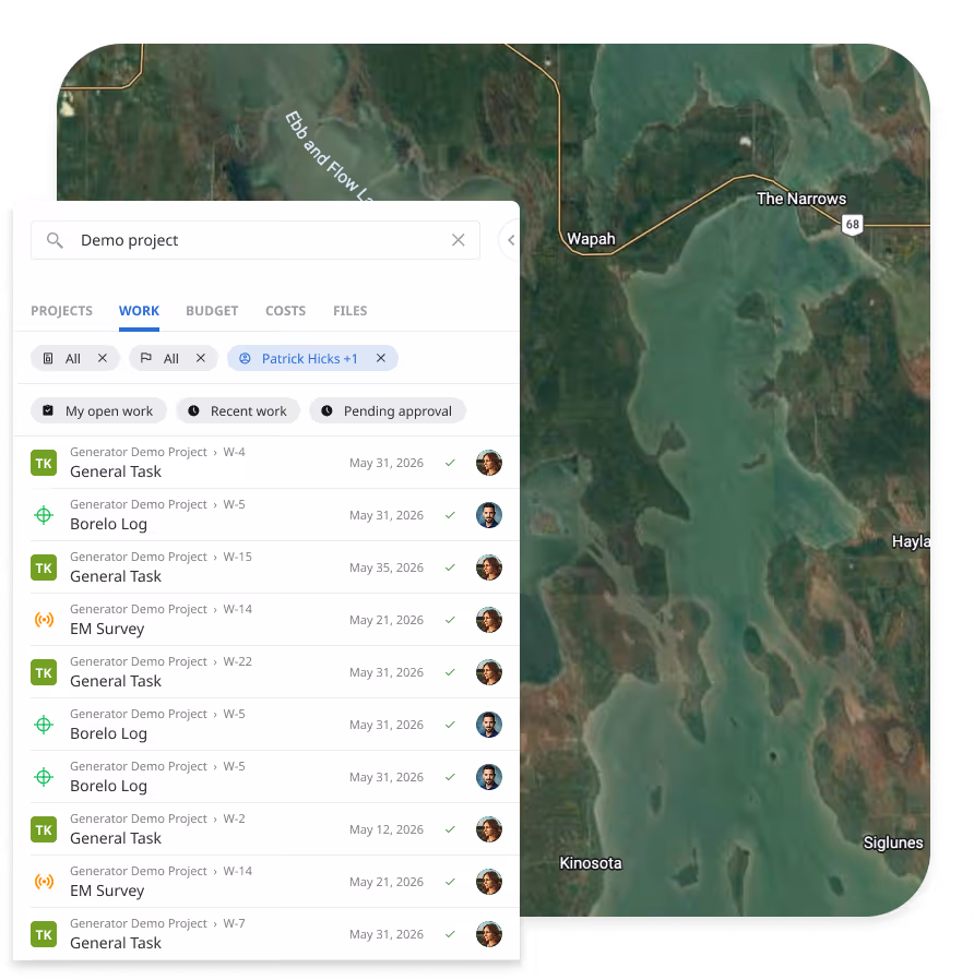 Matidor search interface showing project filter tabs, task list results, and interactive map background.