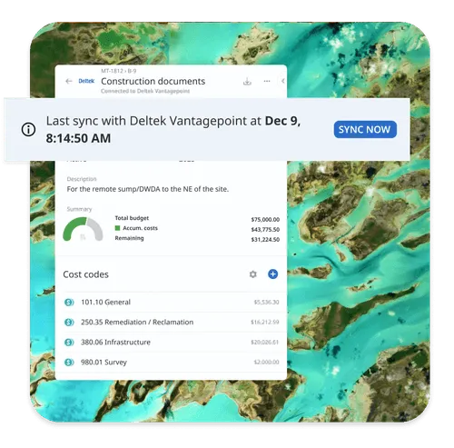 Matidor accounting integration screen showing Deltek sync status, budget summary, and project cost codes.