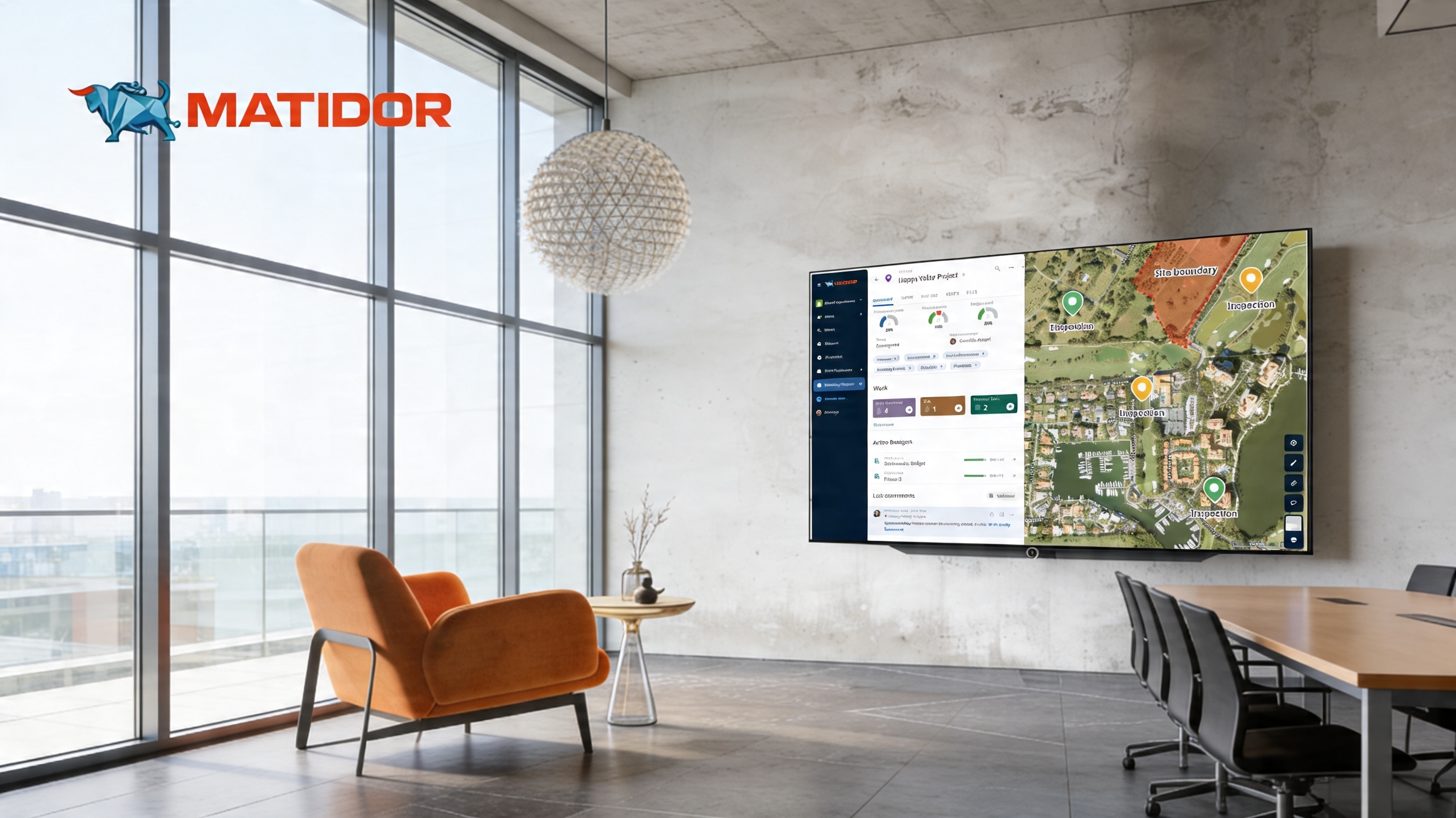 Matidor field operations software dashboard on a large screen showing a live map with project pins and side panels.