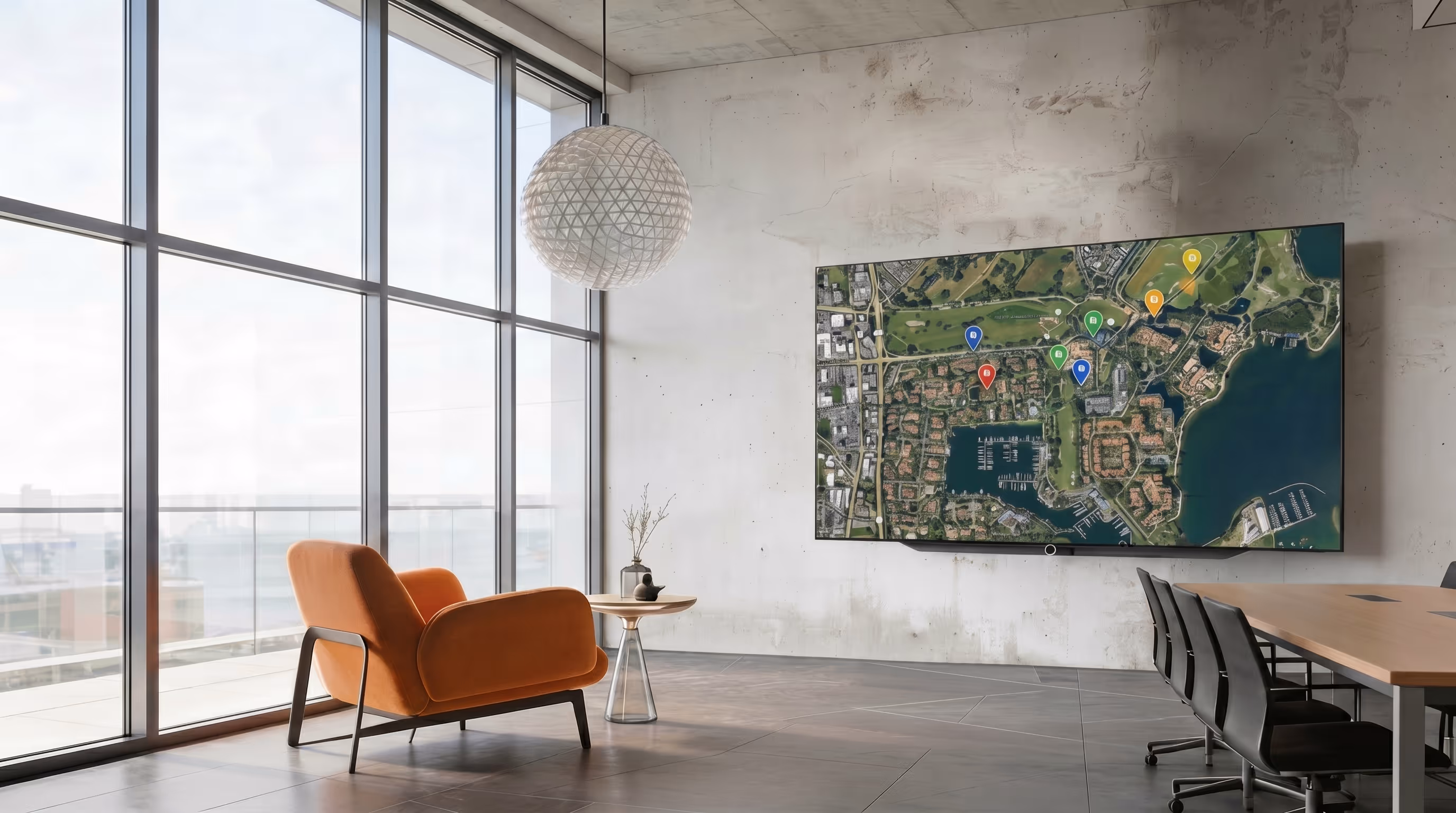 Minimalist office interior with a large wall-mounted screen displaying a satellite map with location markers.