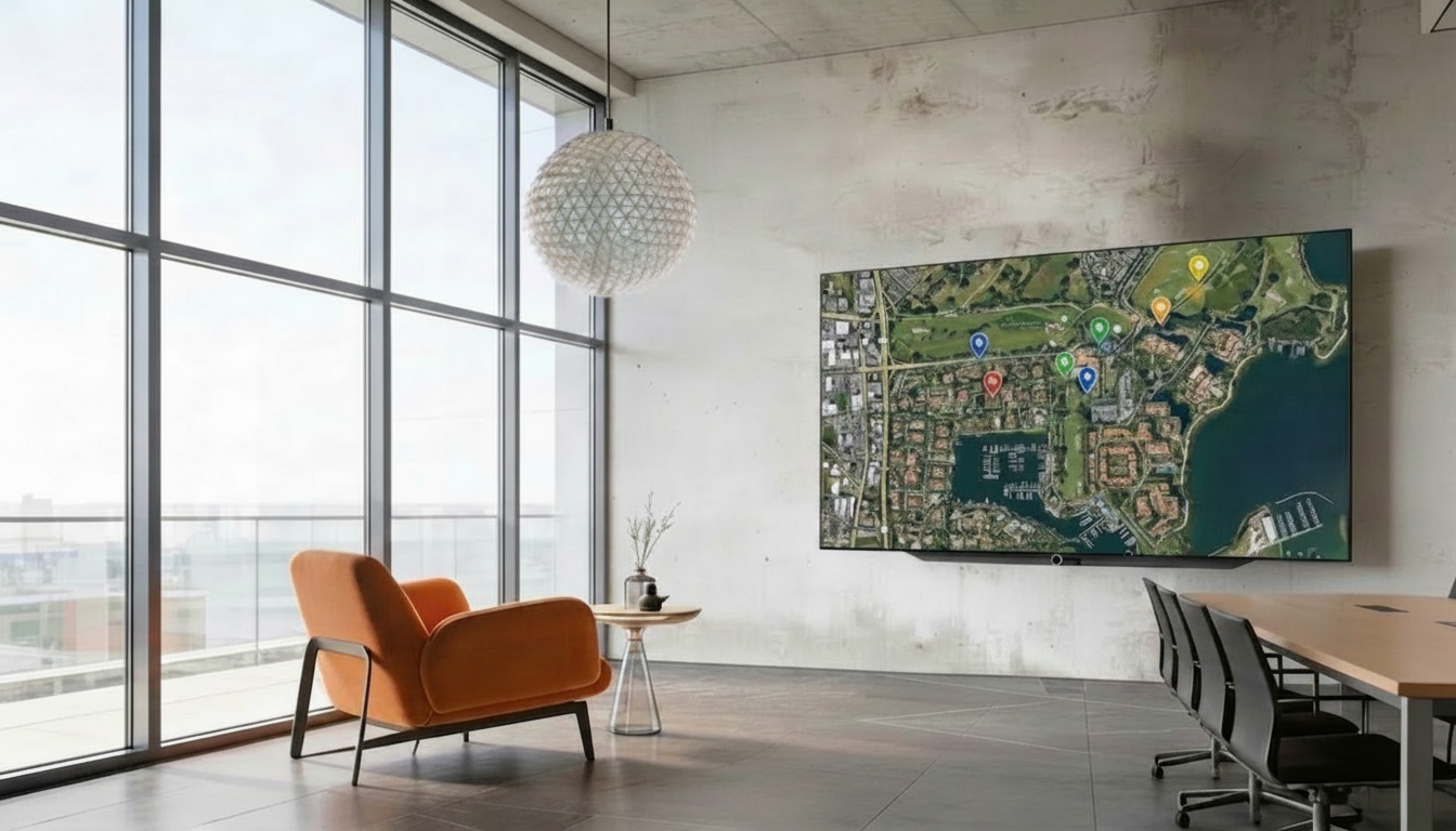 Minimalist office interior with a large wall-mounted screen displaying a satellite map with location markers.
