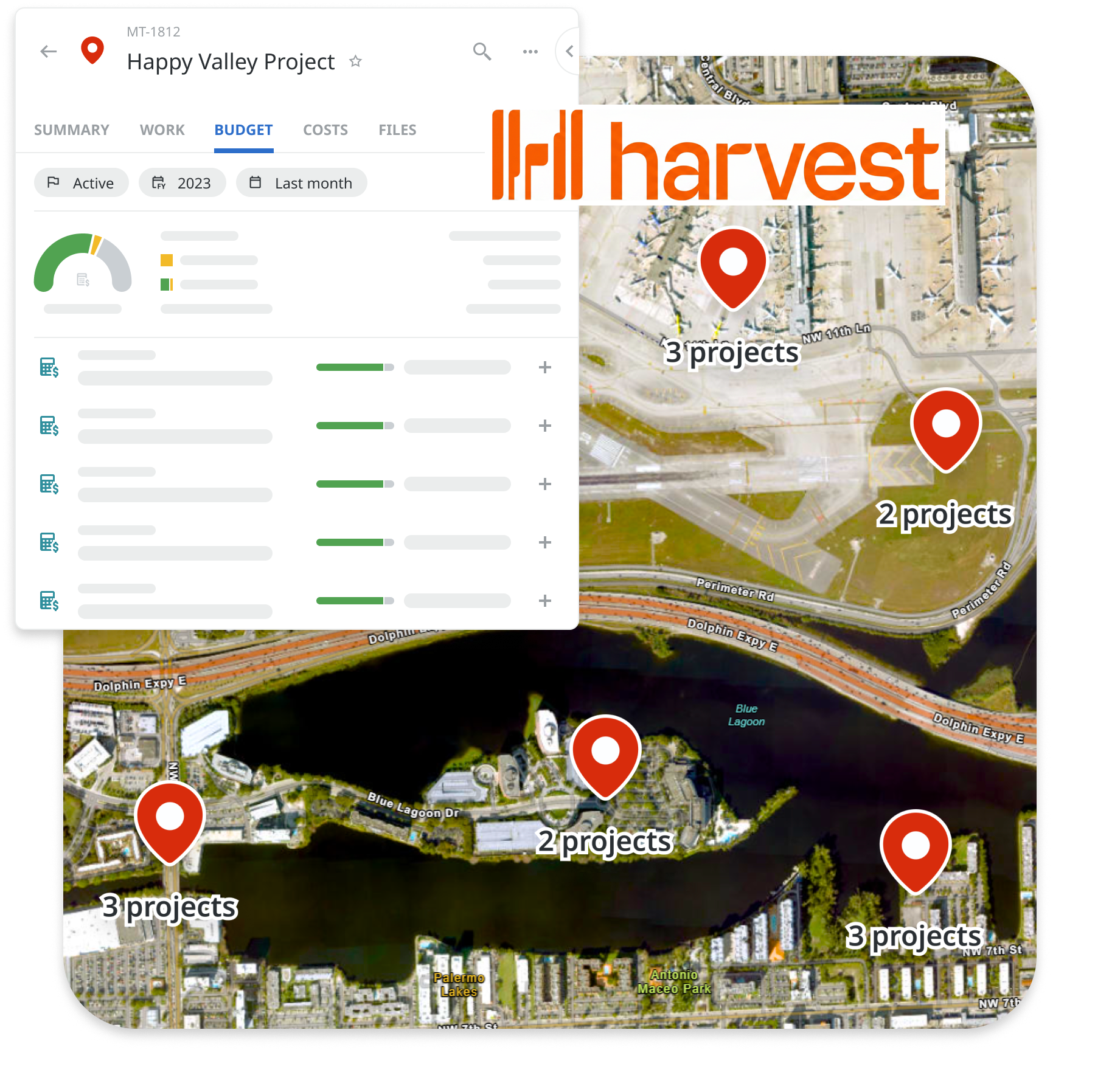 Matidor project budget dashboard showing cost codes and budget tracking connected to Harvest, with a live satellite map displaying multiple field project locations grouped by site.