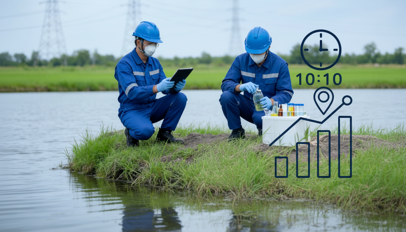 Two field technicians in hi-vis gear collecting samples and using a tablet outdoors, representing Matidor and Harvest time tracking integration for field operations labor costs.