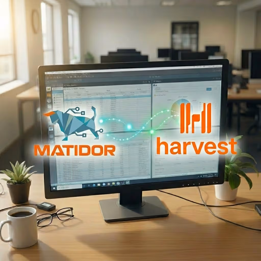 Desktop monitor showing Matidor and Harvest logos connected by a data sync graphic, illustrating how labor hours and time entries flow from Harvest into Matidor automatically.