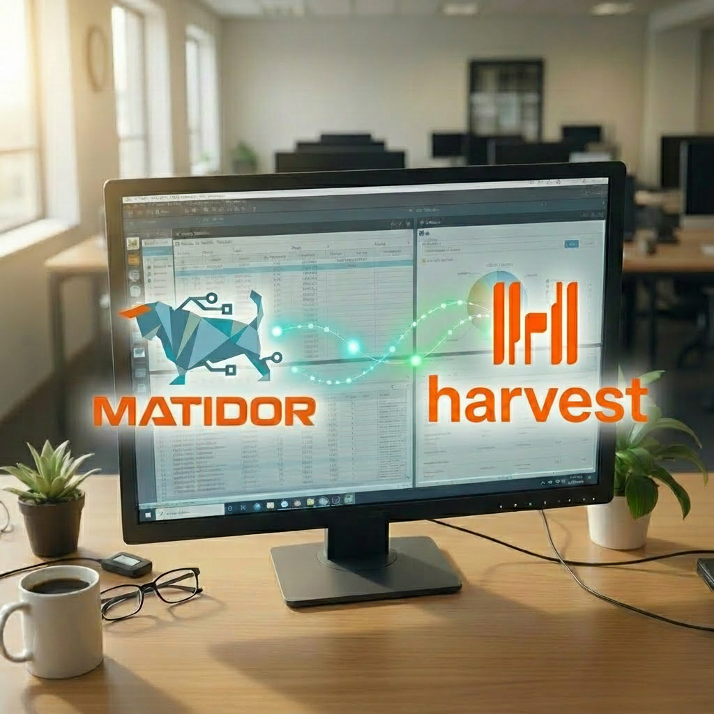 Desktop monitor showing Matidor and Harvest logos connected by a data sync graphic, illustrating how labor hours and time entries flow from Harvest into Matidor automatically.