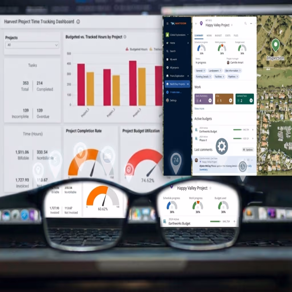 Side by side view of the Harvest time tracking dashboard and Matidor Happy Valley Project panel showing budget status and field activity on a satellite map, illustrating the geographic visibility Harvest does not provide.