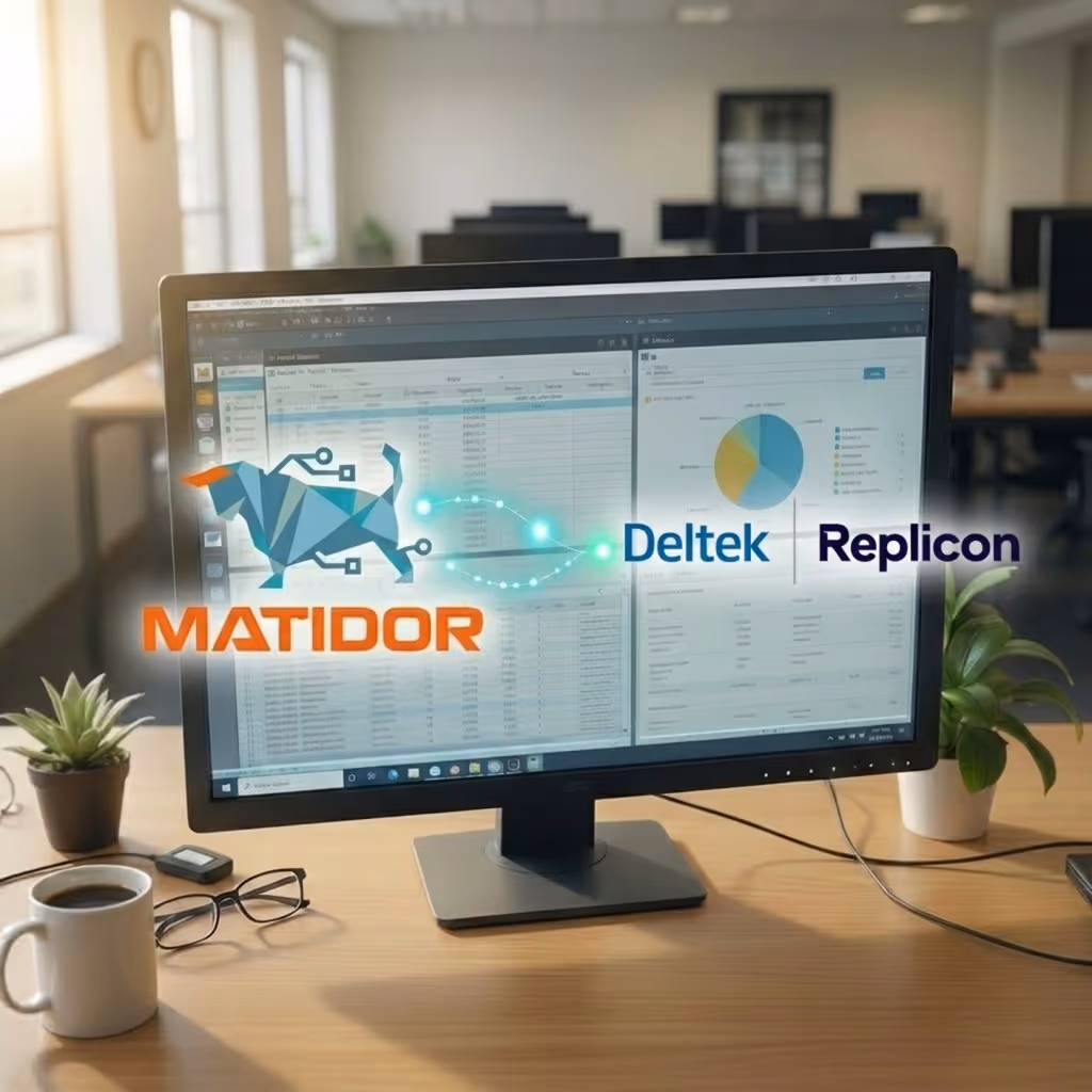 Office monitor showing Matidor connected to Deltek and Replicon logos via a data flow graphic, illustrating how project time entries and labor cost data sync from Replicon into Matidor automatically.