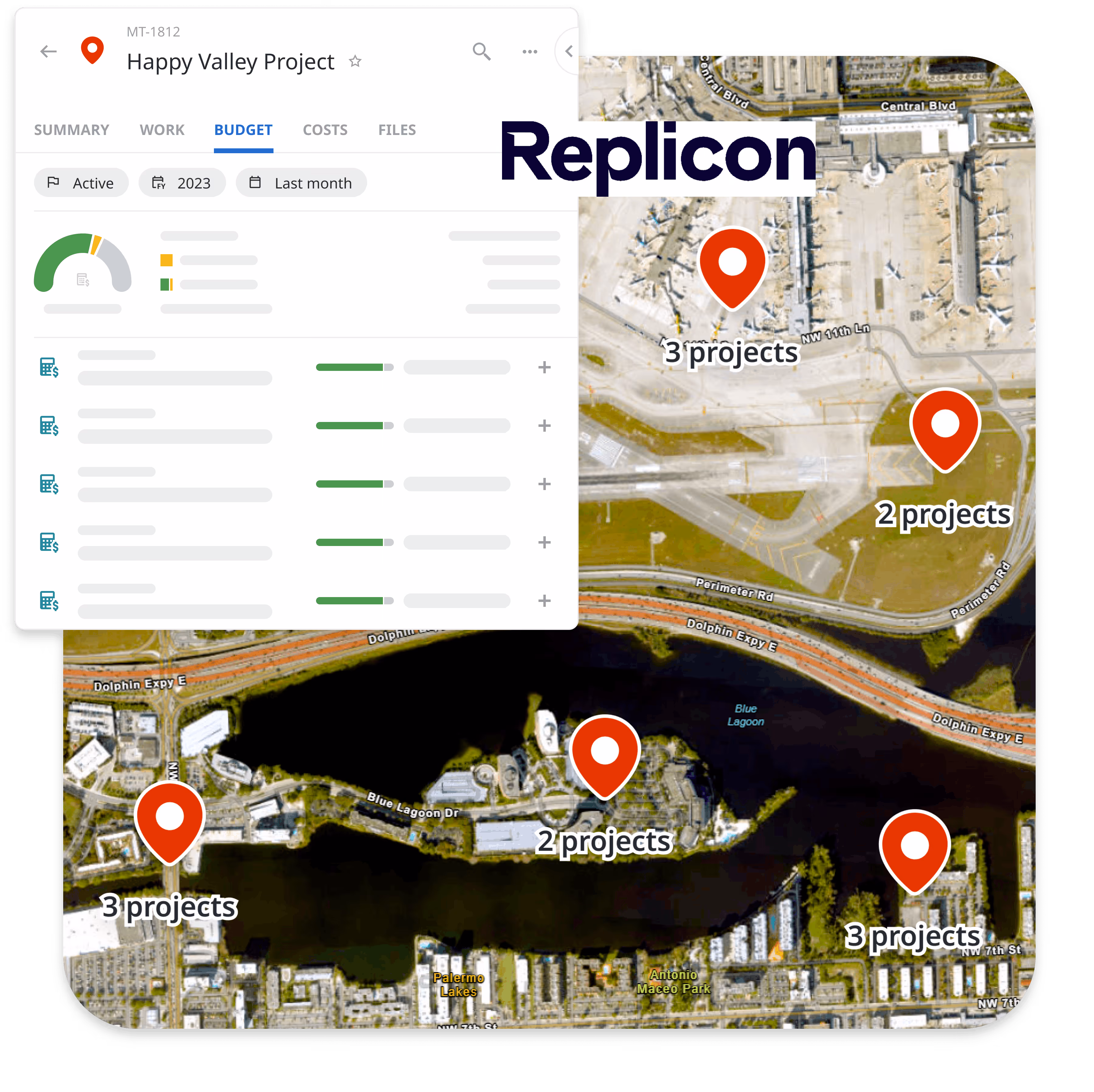 Matidor project budget panel showing Replicon connected project structures and cost codes on a live satellite map with grouped field project pins, illustrating Step 1 of connecting a Replicon account to Matidor.