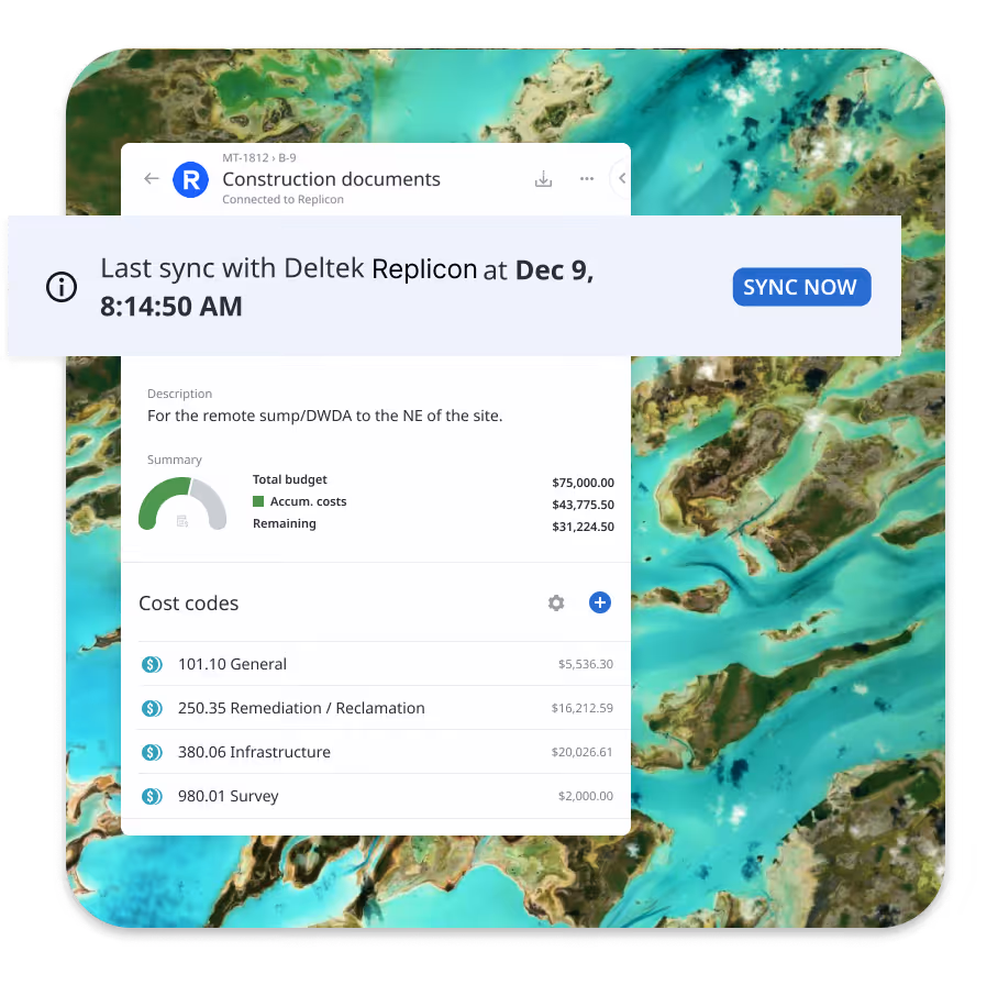 Matidor project budget panel showing synced Replicon labor hours and cost data grouped by cost codes including General, Remediation, Infrastructure, and Survey, with a live last-sync timestamp and Sync Now button, illustrating Step 2 of the Replicon integration.