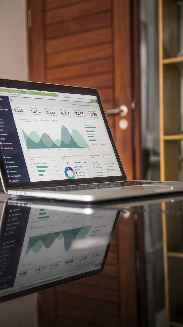 Laptop displaying a live budget dashboard with charts and spend metrics, representing how Earthmaster uses Matidor’s configurable budget and cost control alerts to track project spending and trigger notifications at key thresholds like 70 percent of budget.