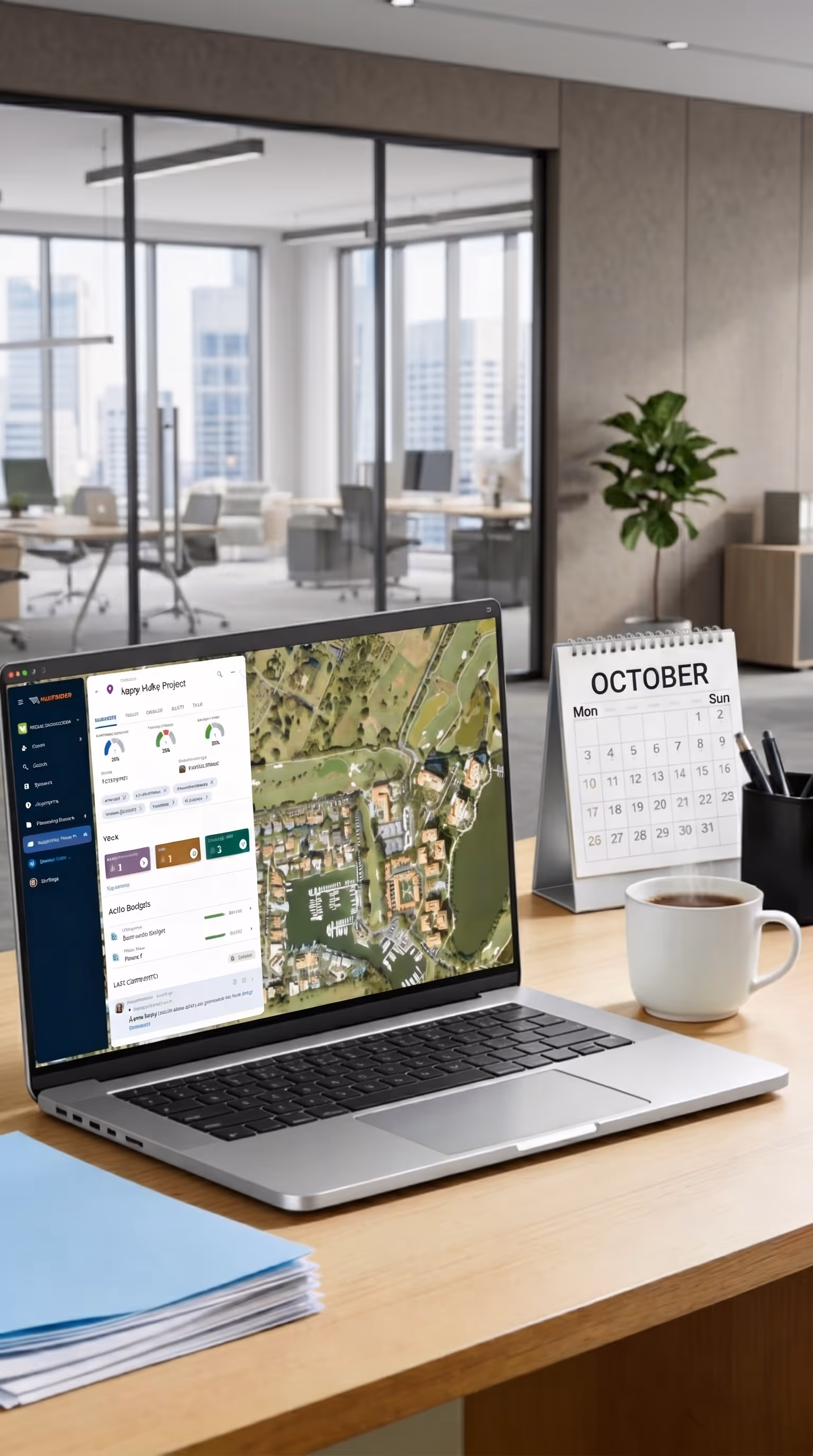 Laptop displaying the Matidor project management dashboard with an aerial map, budget indicators, and task tracking panel on an office desk, representing how West Country Energy Services managers use Matidor to assign tasks, track field technician progress, and monitor multi-month inspection programs from a single dashboard without manual check-ins.