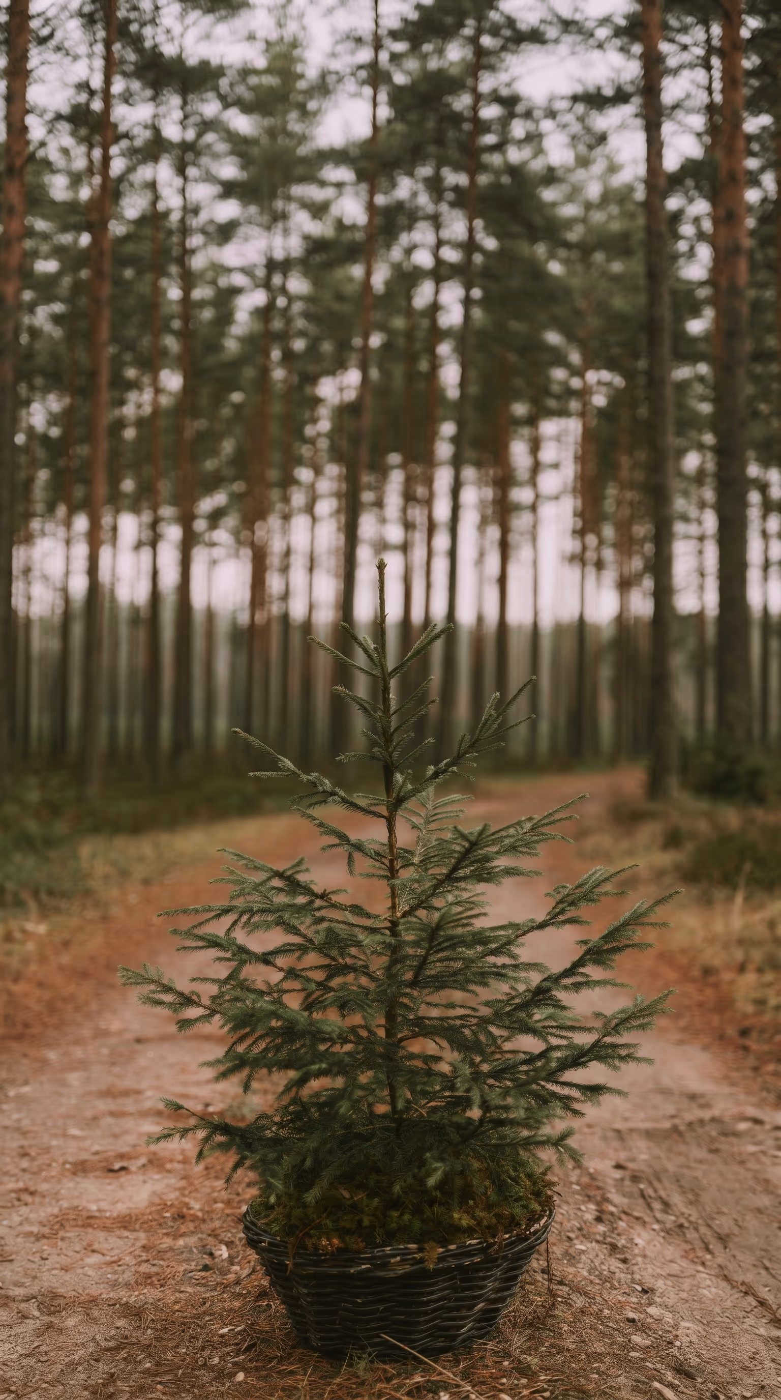 Small evergreen sapling in a basket placed on a dirt road in a conifer forest, representing how each Project Forest reforestation site appears as its own polygon on the Matidor GIS map so staff can zoom into a specific project, attach photos and documents, and use spatial data to plan tree counts, species mixes, and resource allocation during land tours with partners.