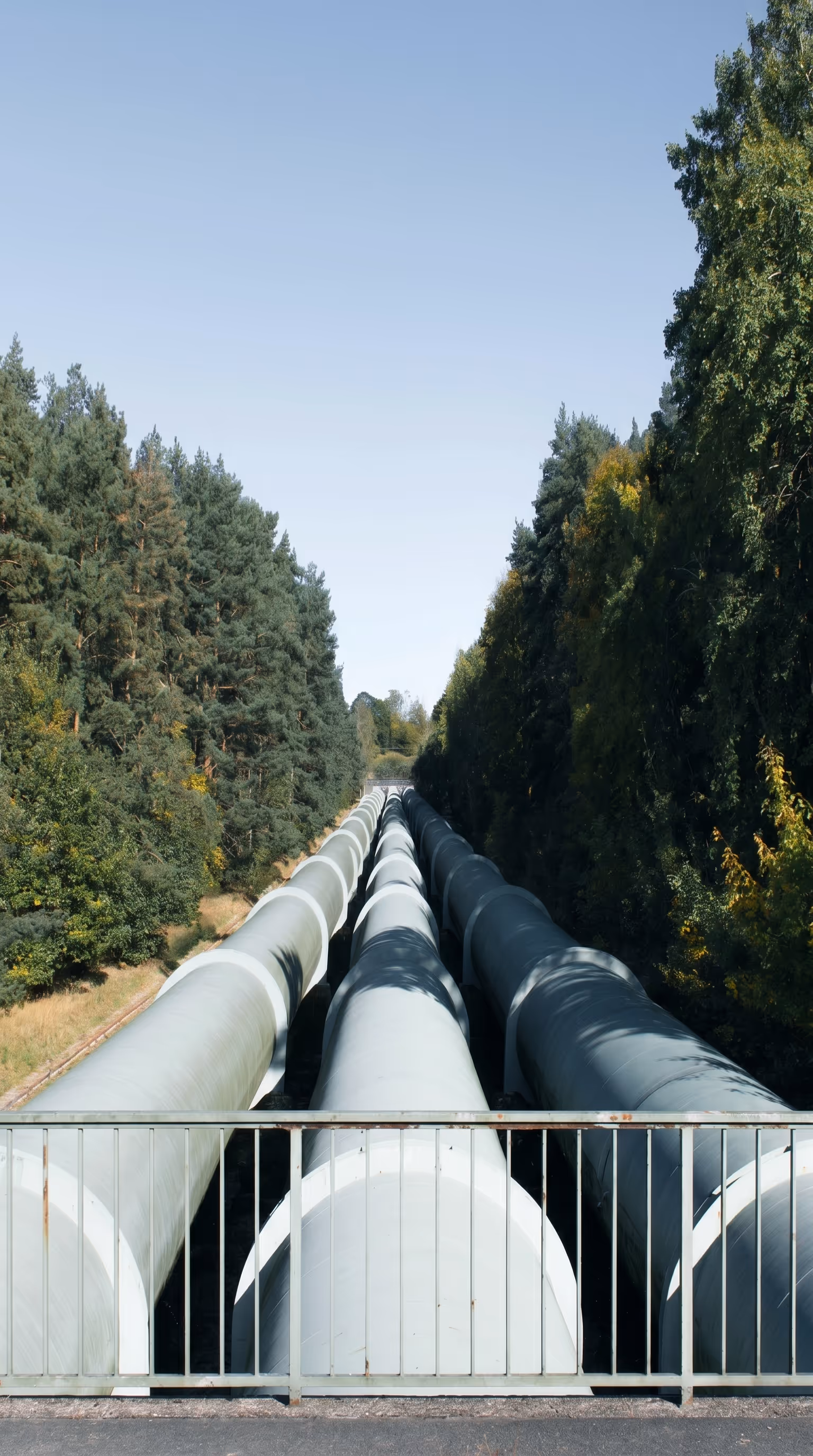 Industrial pipelines running through a forested area, representing the gathering systems and facilities organized by geographic area within Matidor's portfolio structure