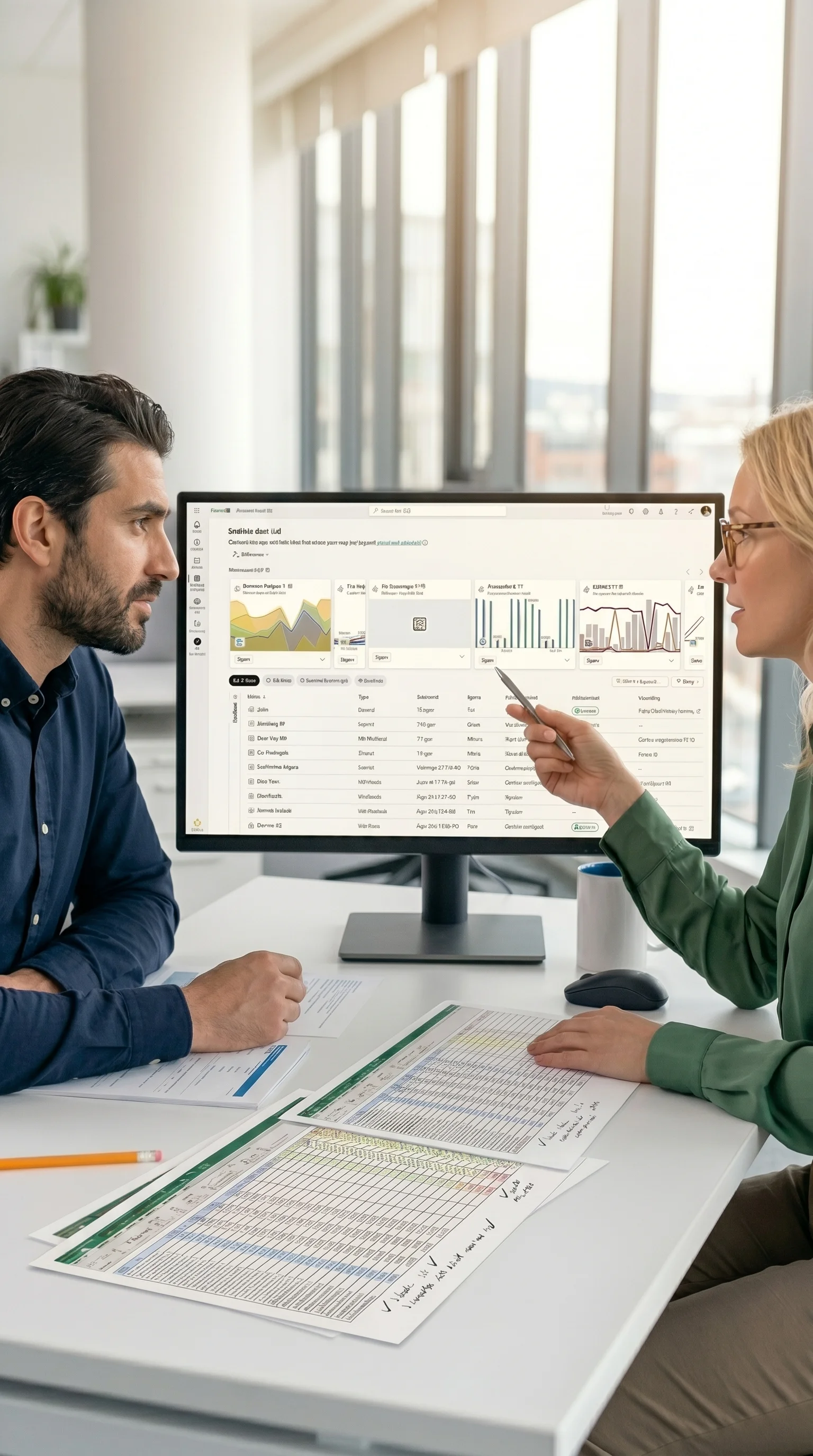 Two environmental consulting team members reviewing project site data and costs on a project management dashboard, replacing manual spreadsheet workflows
