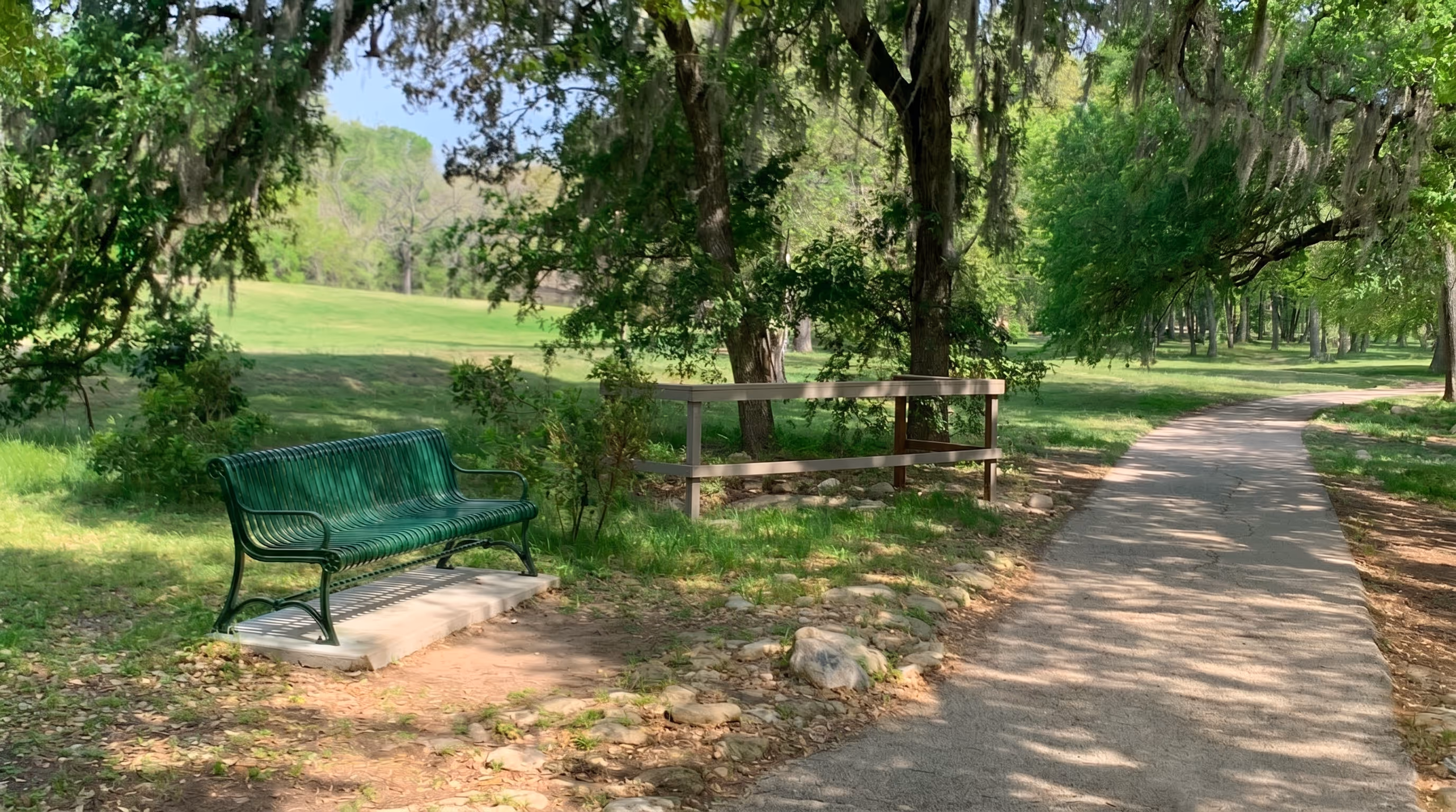 Tree lined walking trail and green bench in Pease Park, showing the 84 acre urban parkland that Pease Park Conservancy stewards in Austin, Texas
