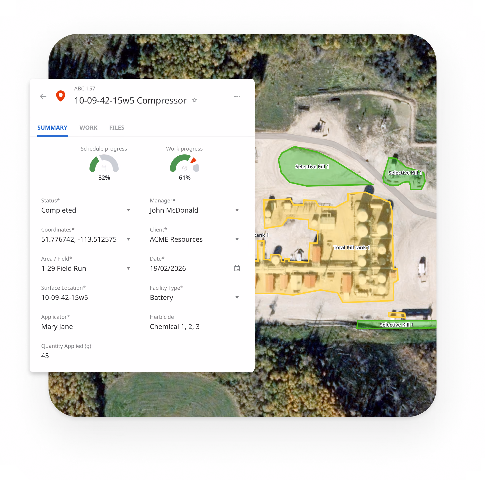 Matidor project card showing vegetation work assignment with herbicide details and treatment zones on a live aerial corridor map, helping managers track and assign missed services in real time.