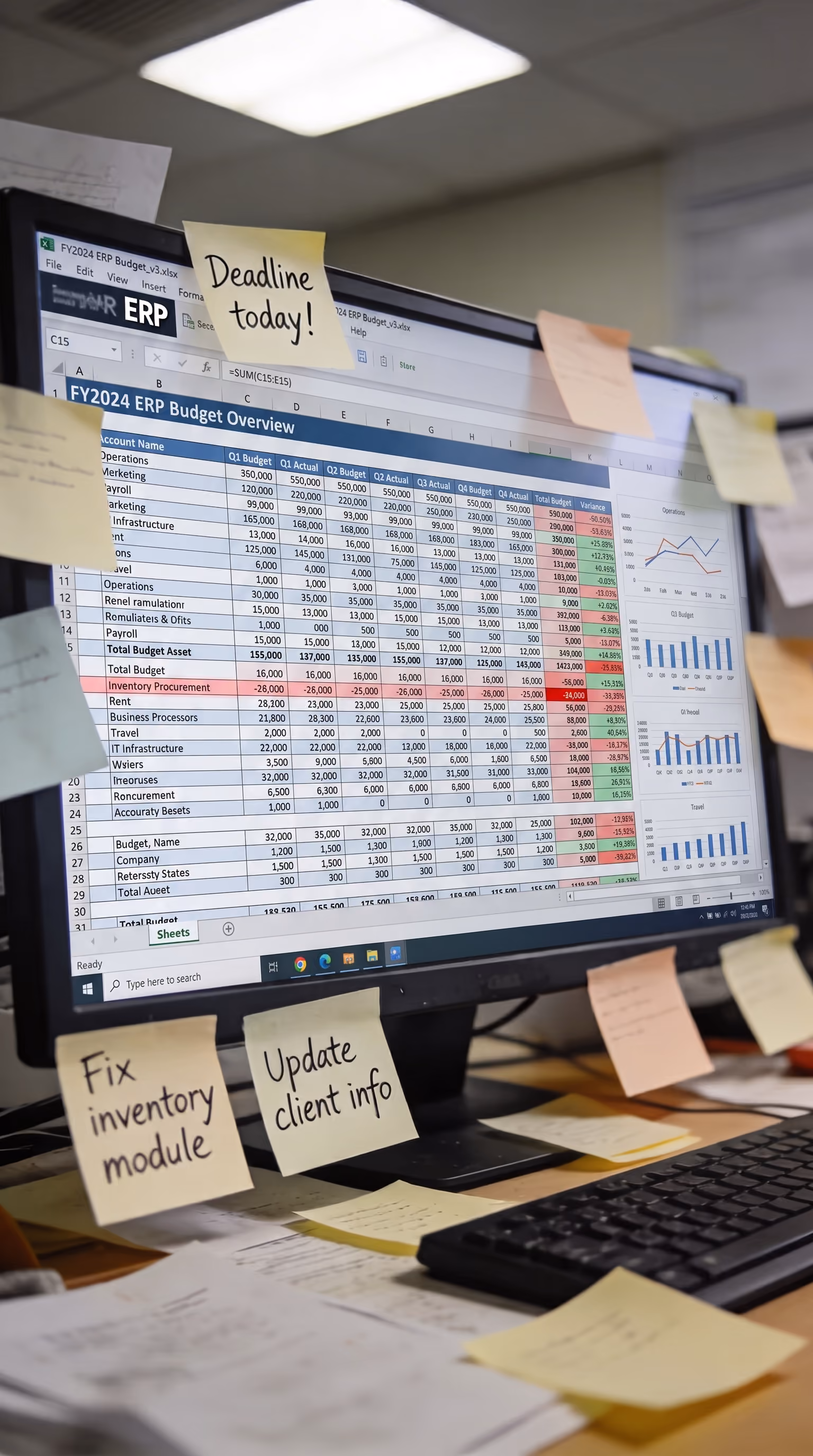 Office monitor showing a complex Excel budget spreadsheet covered in sticky notes, representing the manual cost tracking limitations that field operations teams face without real-time budget control software.