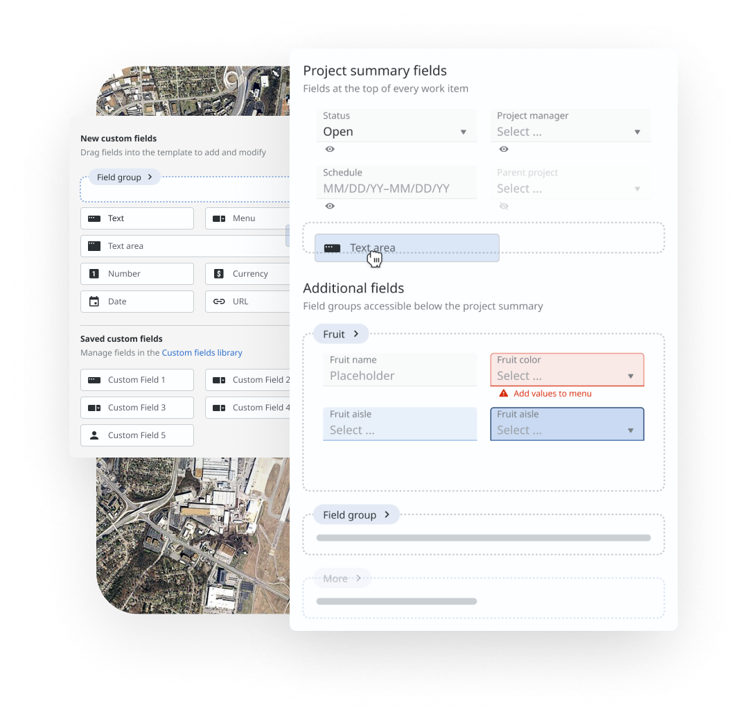 Matidor custom workflow template builder showing drag-and-drop field configuration for field operations projects, including project summary fields, field groups, and custom data inputs for industry-specific workflows.