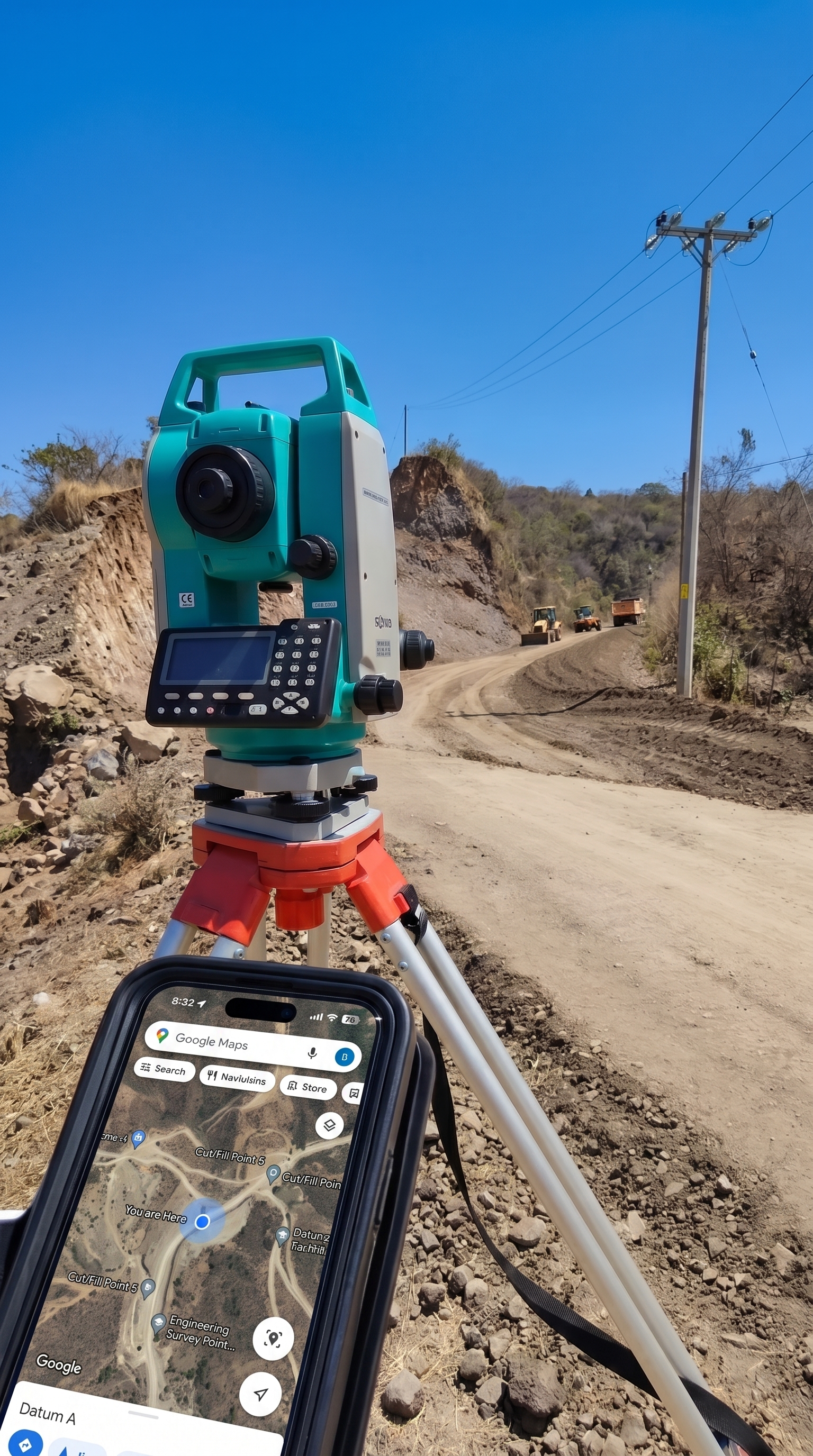 Field surveying instrument and GPS smartphone at a construction site representing mobile field data capture in Matidor.