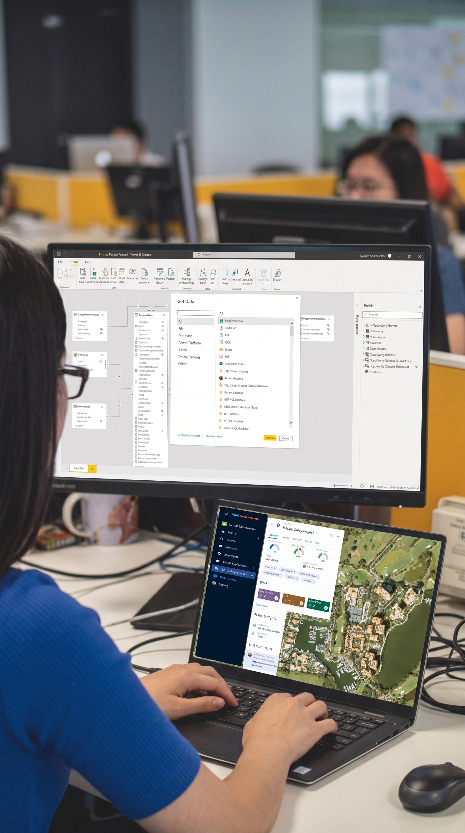 Analyst connecting Matidor data to Power BI Desktop to build automated environmental project reporting dashboards.