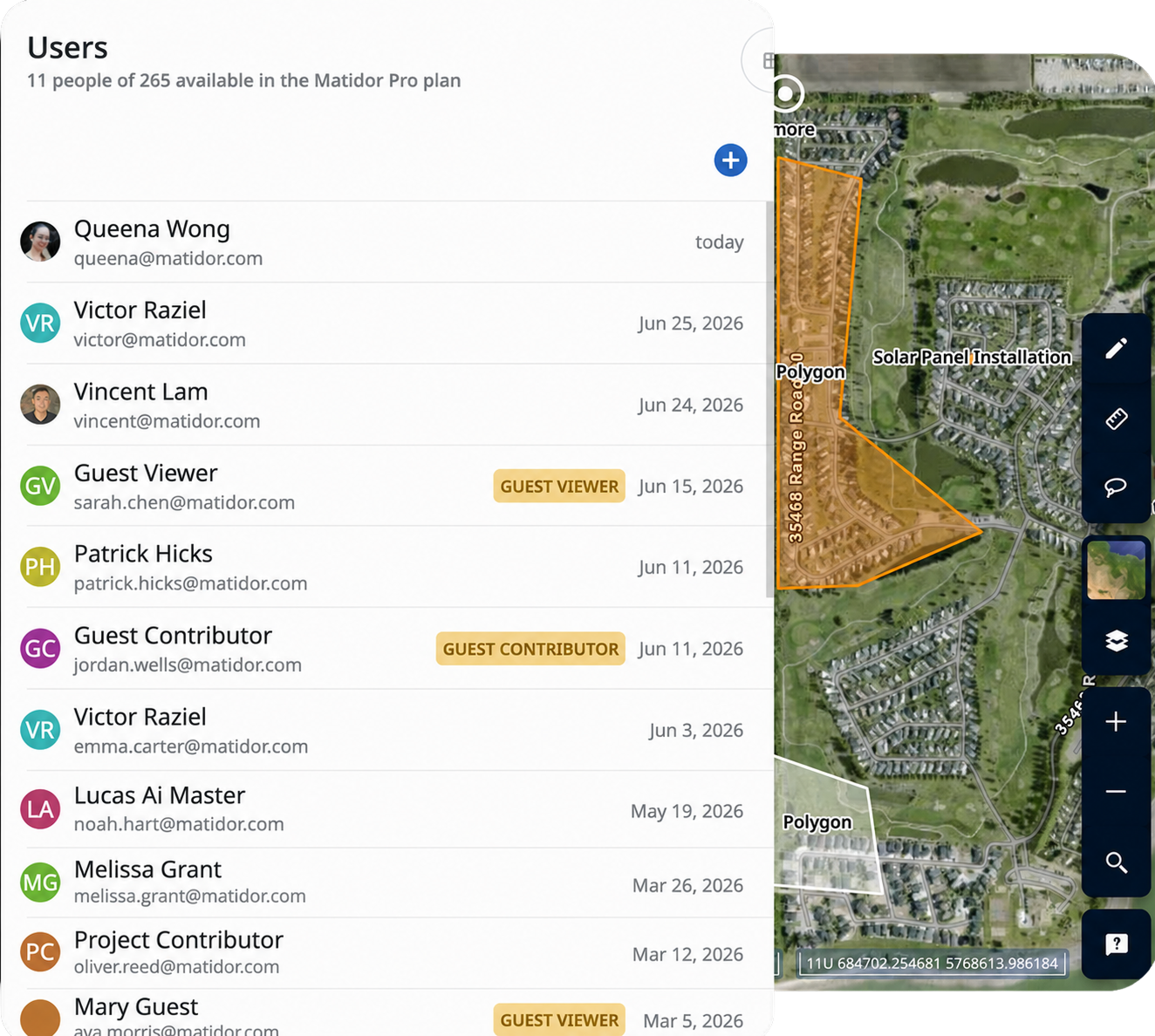 Matidor field operations software user management panel showing team roles, guest access permissions, and a live GIS map with project site polygons