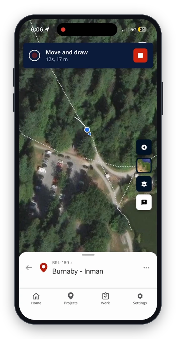 Matidor Go mobile app recording a walked survey route with Move and Draw (demo data)