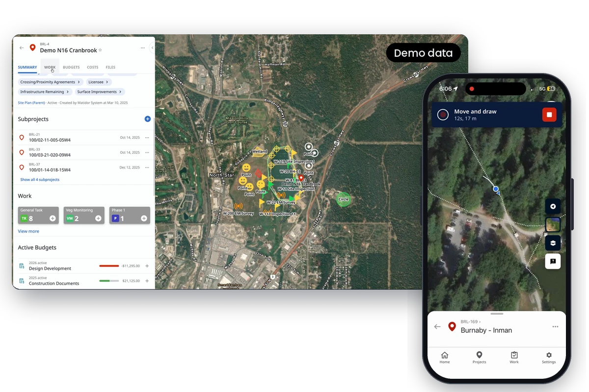 Matidor live map with wetland layer and vegetation monitoring tasks, and the Matidor Go mobile app tracing a walked route (demo data)