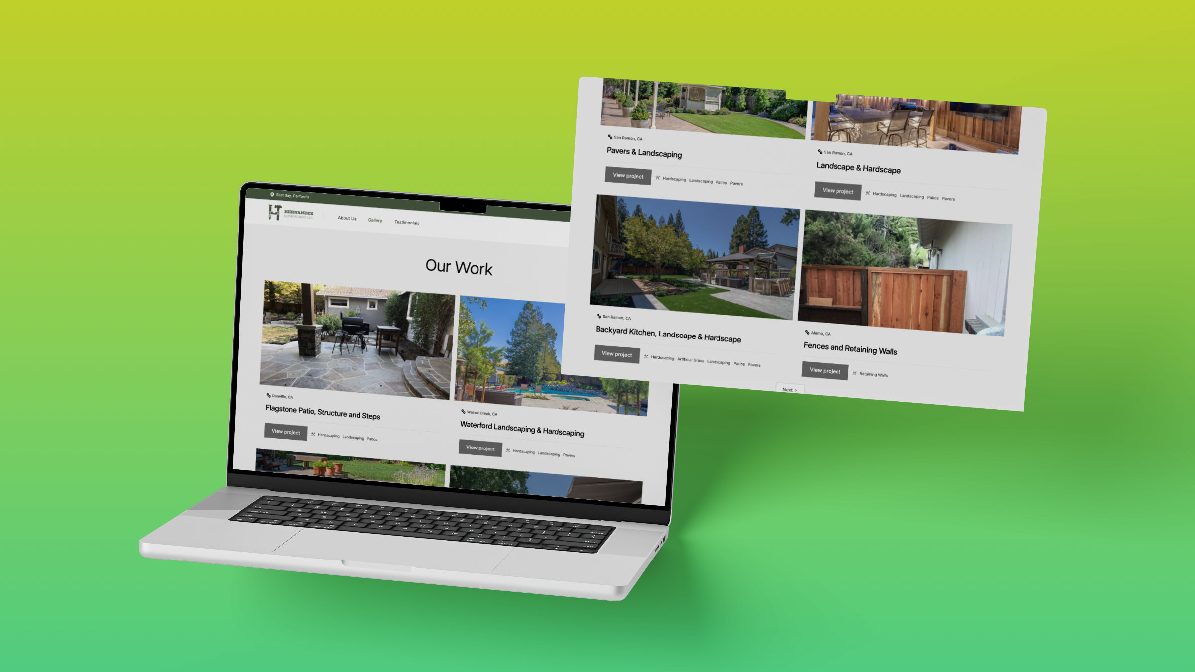 Laptop displaying a landscaping portfolio website with project images and details against a green gradient background.