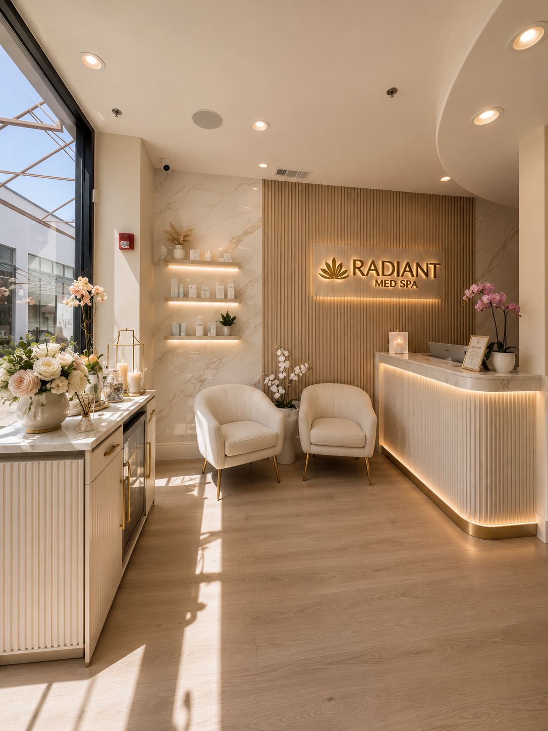 Bright, modern spa reception area with two beige armchairs, a backlit sign reading 'Radiant Med Spa' on a wooden slat wall, a marble reception desk with warm lighting, shelves displaying skincare products, and floral arrangements by a large window.