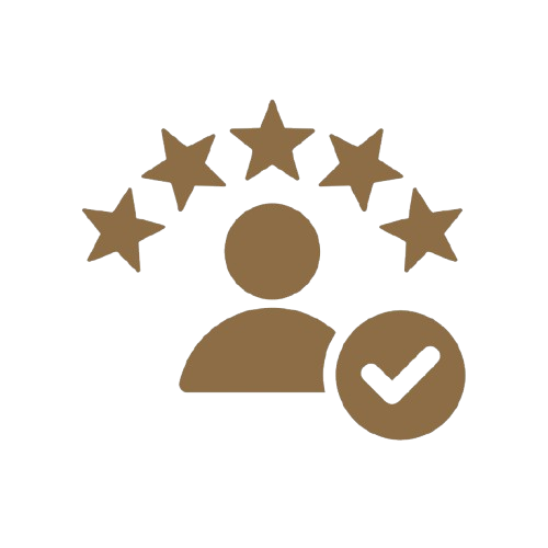 Brown icon of a person silhouette with a checkmark circle in front and five stars arched above, symbolizing verified high quality or excellent user rating.