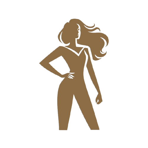 Brown silhouette of a confident woman standing with one hand on her hip and flowing hair.