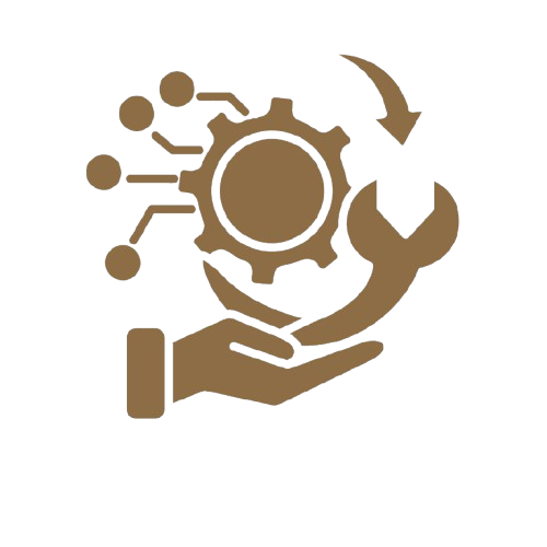 Icon showing a hand holding a gear and wrench, with digital circuit lines and an arrow, symbolizing advanced technology and support.