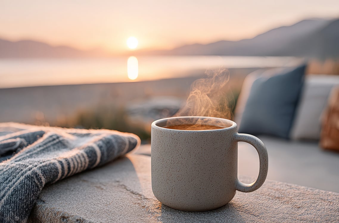 Speckled ceramic mug with steaming coffee on a stone surface next to a folded blanket, with a sunset over water and mountains in the background.
