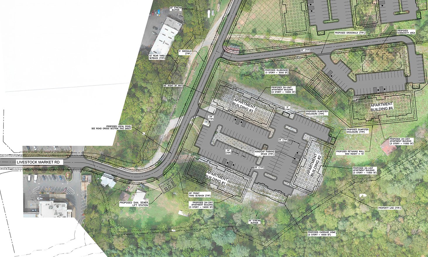Site plan showing proposed layout of multiple apartment buildings, parking spaces, roads, and community areas surrounded by green space and wooded areas.