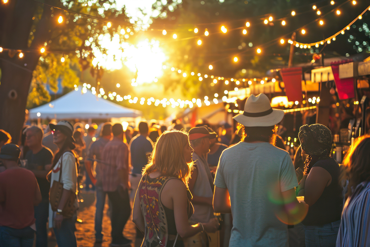 Outdoor evening market with people socializing under string lights and tents during sunset.