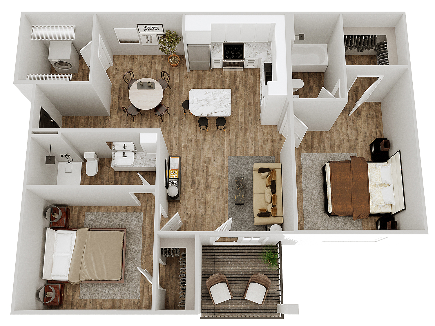 2-bedroom apartment floor plan with open living and kitchen area, two bathrooms, and a balcony.