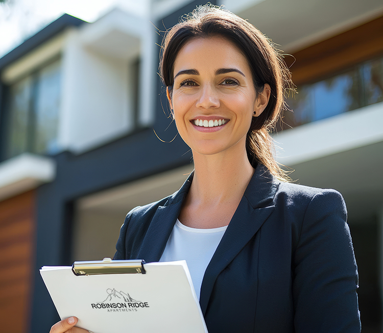 Smiling woman with brown hair wearing a navy cardigan and green sweater, typing on a laptop at a white marble table in a bright, modern room.
