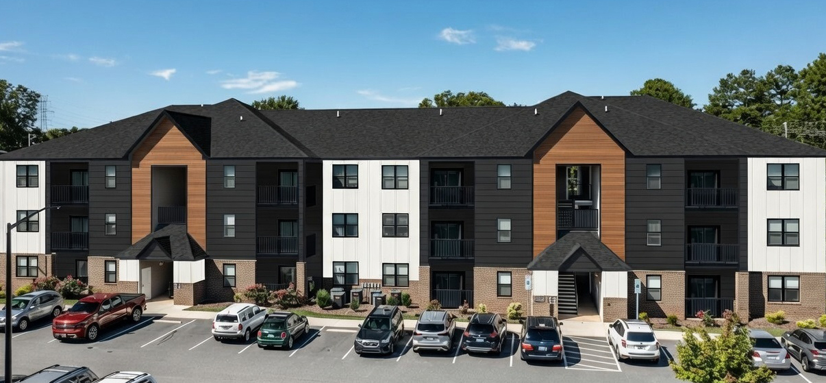 Three-story apartment building with wood and brick facade, parking lot with cars in front under a clear blue sky.