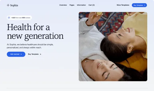 Website homepage showing healthcare theme with two women lying down and smiling, and text about simple, personalized healthcare.