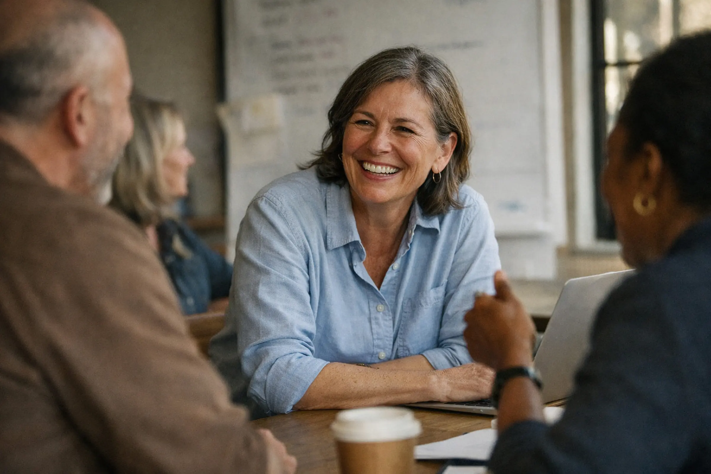 Smiling woman in a light blue shirt engaging in a conversation with two colleagues in a casual office setting.