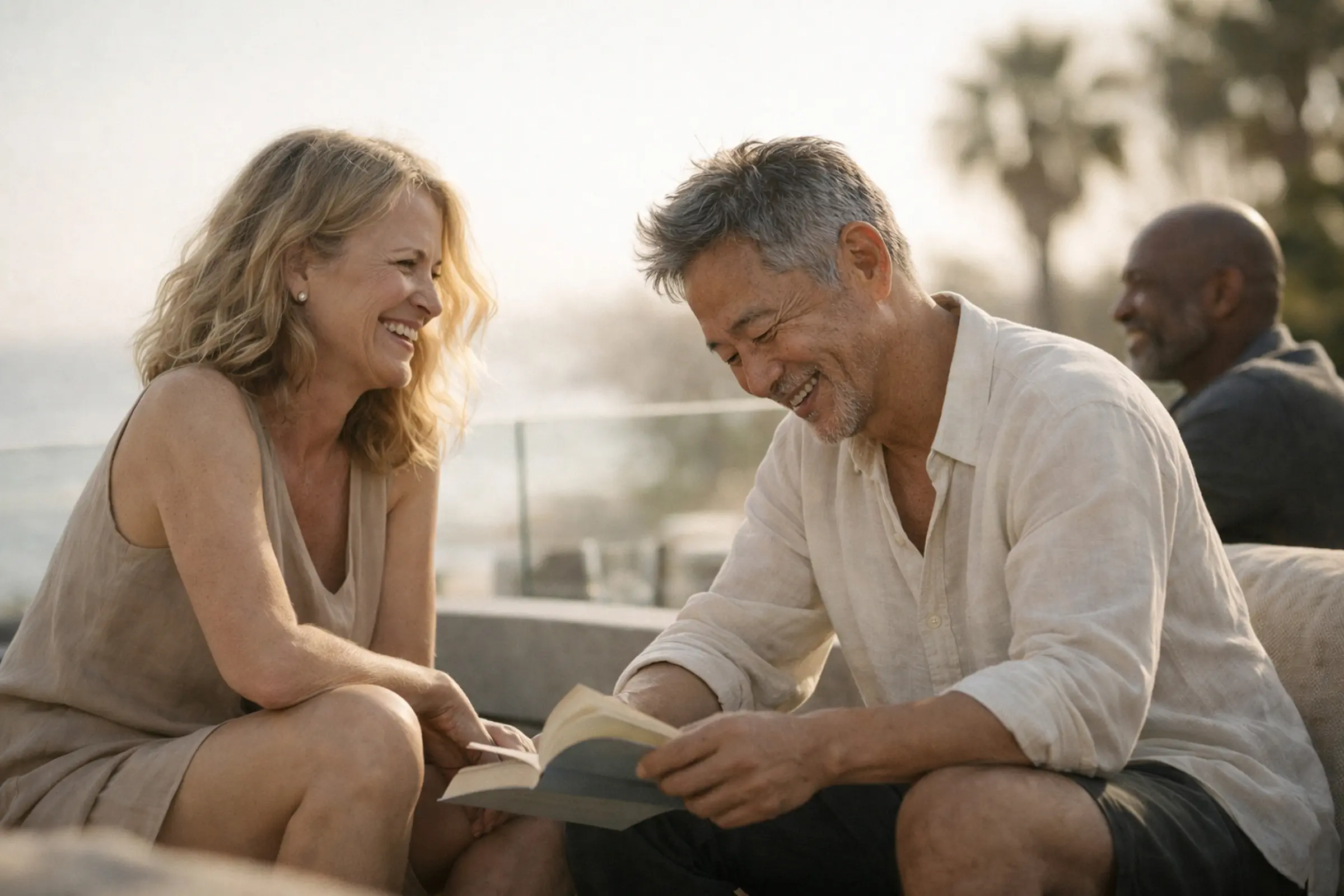 Smiling middle-aged man and woman sitting outdoors, the man reading a book, with a blurred person and palm trees in the background.