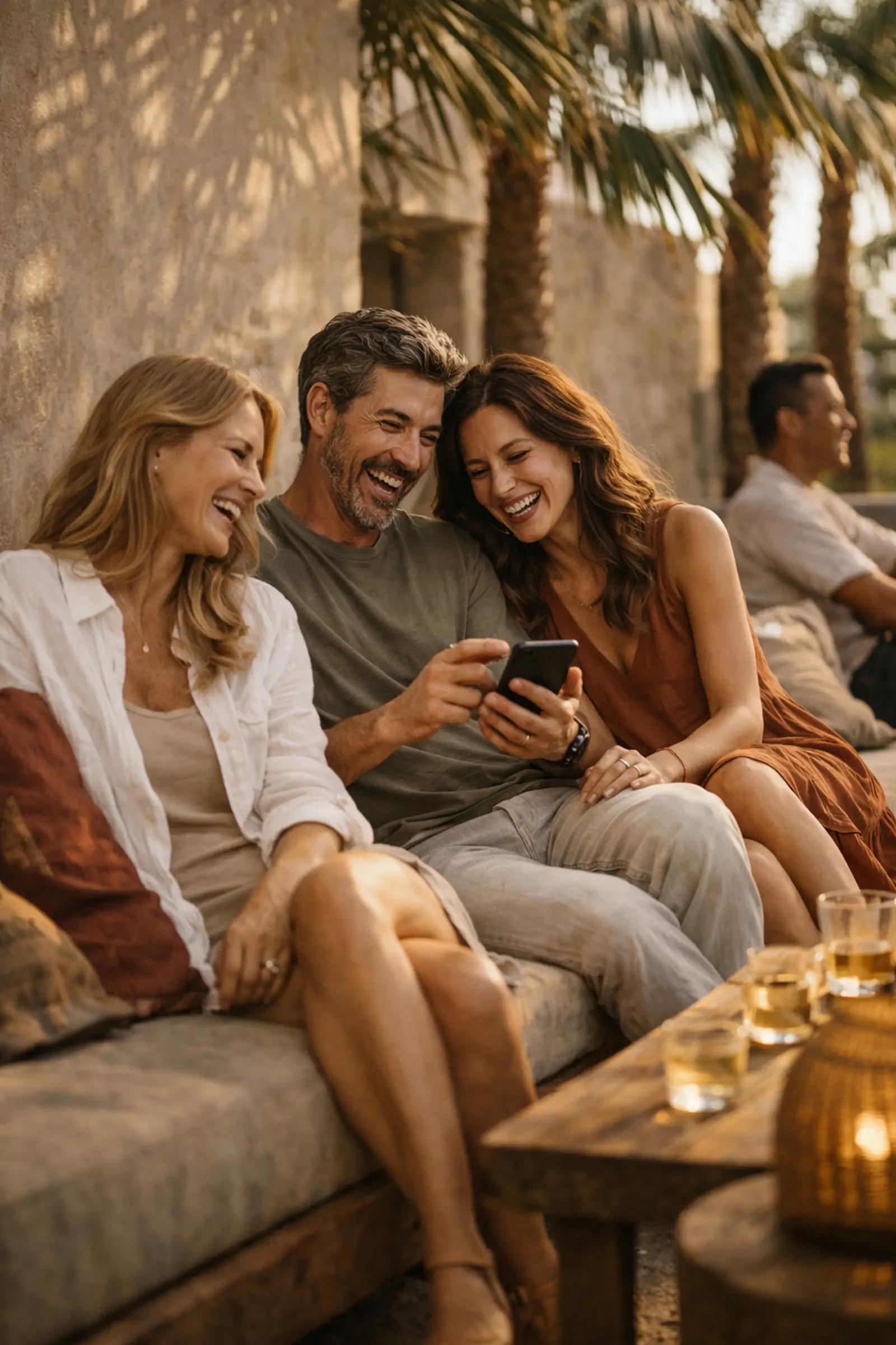 Three adults sitting closely on an outdoor couch, smiling and looking at a smartphone held by the man in the middle.