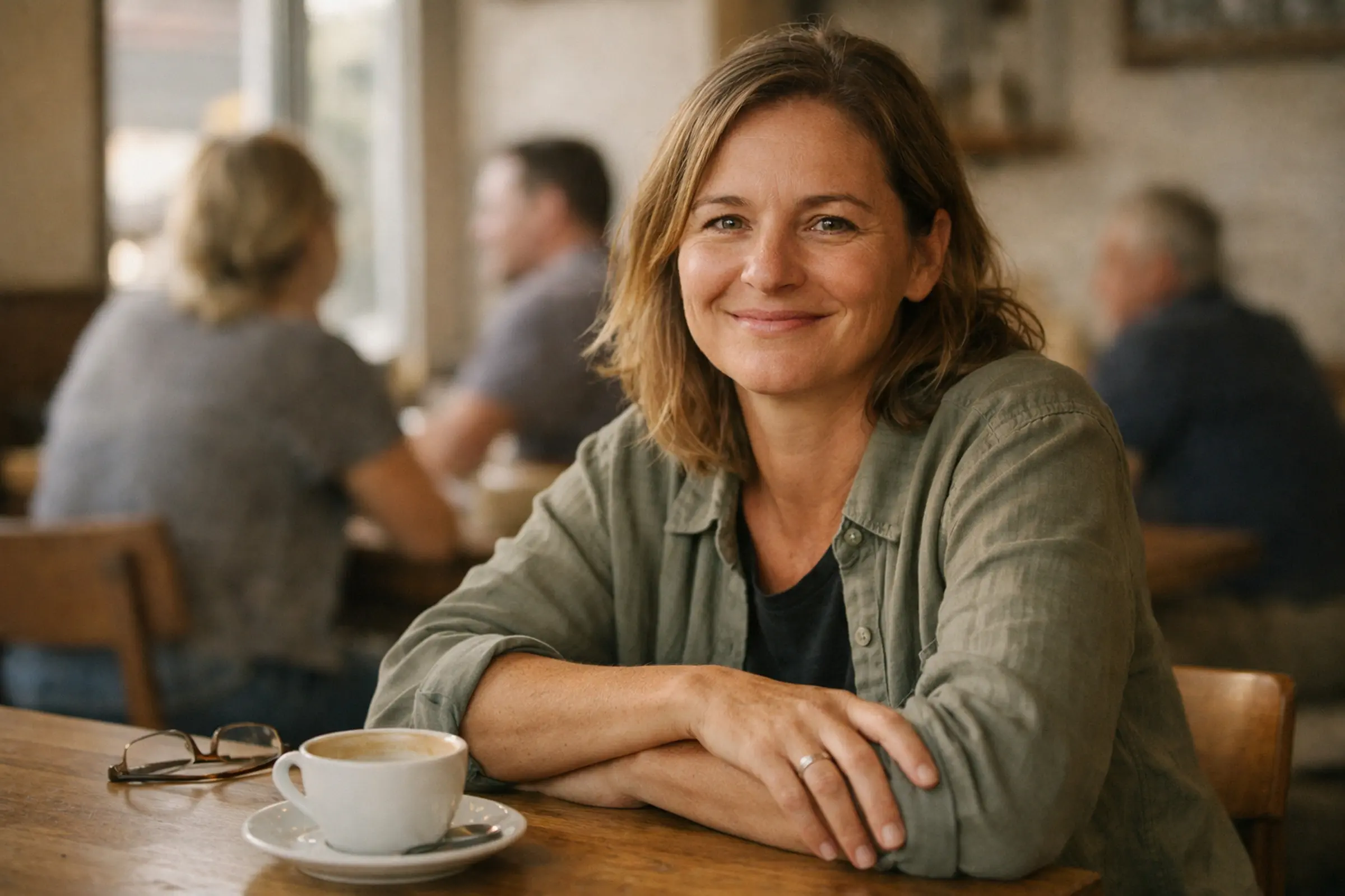 Smiling woman with light brown hair sitting at a café table with a cup of coffee and eyeglasses.