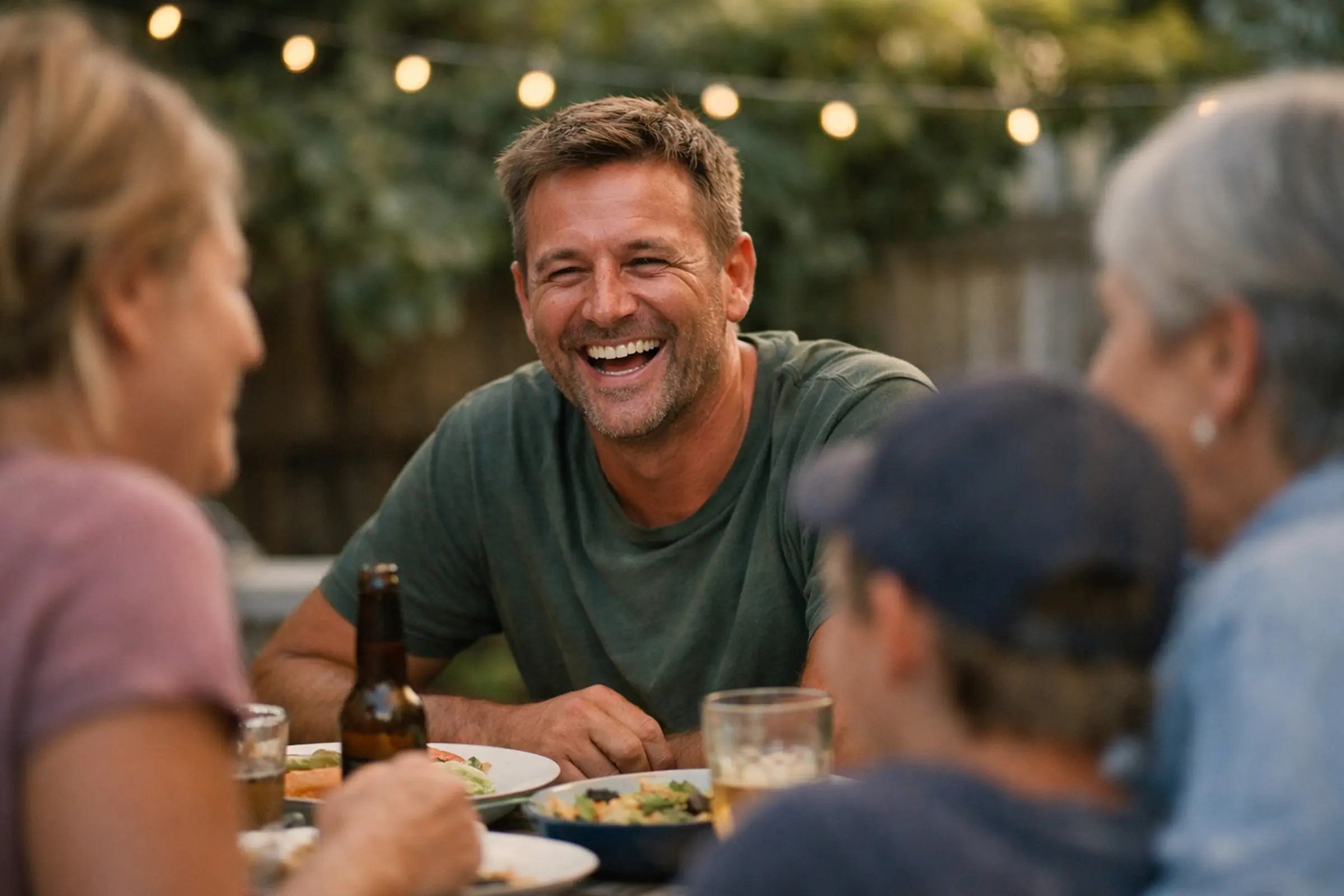 Man in green shirt laughing and sitting at a table outdoors with three other people during a meal.