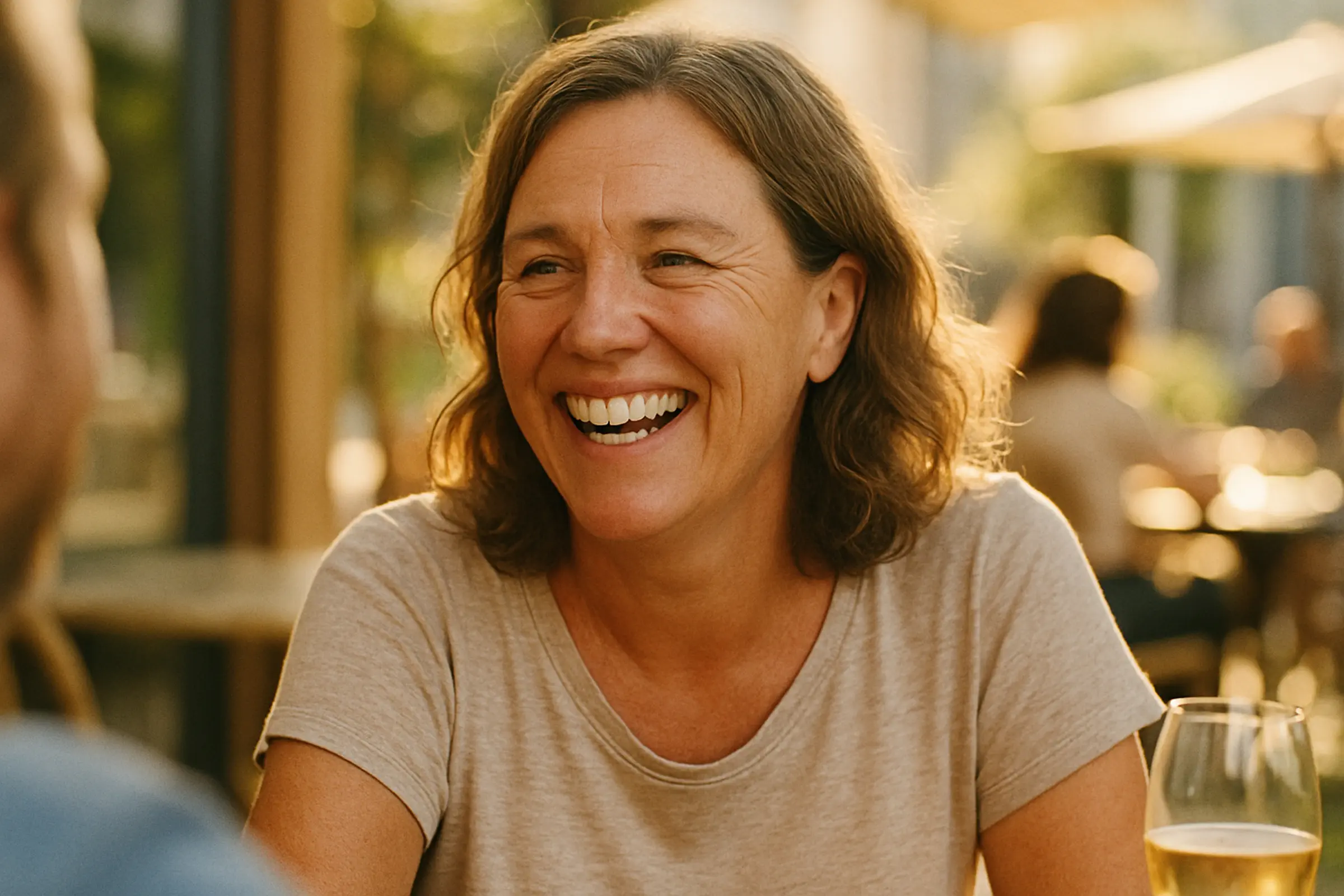 Smiling woman with short brown hair wearing a beige shirt sitting outdoors at a table with a wine glass.