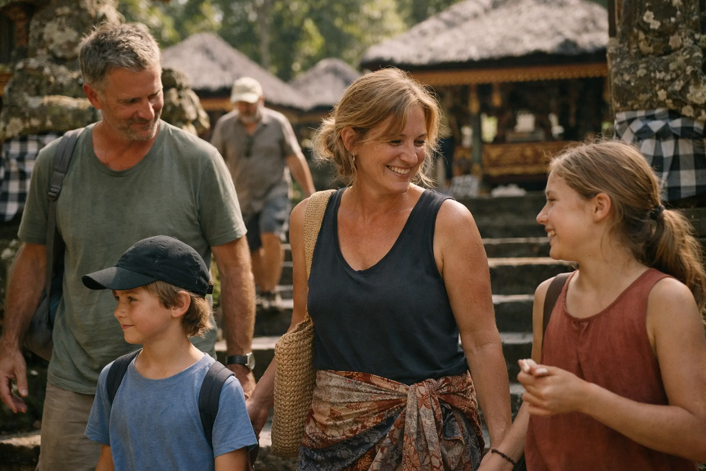 Smiling family of four walking outdoors near traditional thatched-roof buildings.