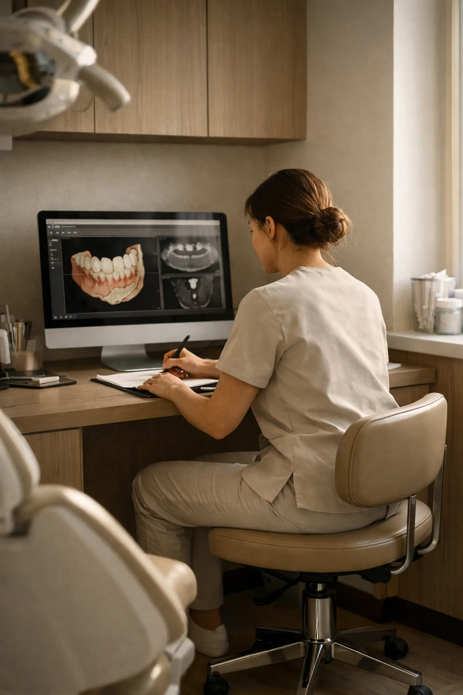 Dental professional in scrubs sitting at a desk, reviewing dental X-rays and 3D images on a computer while taking notes.