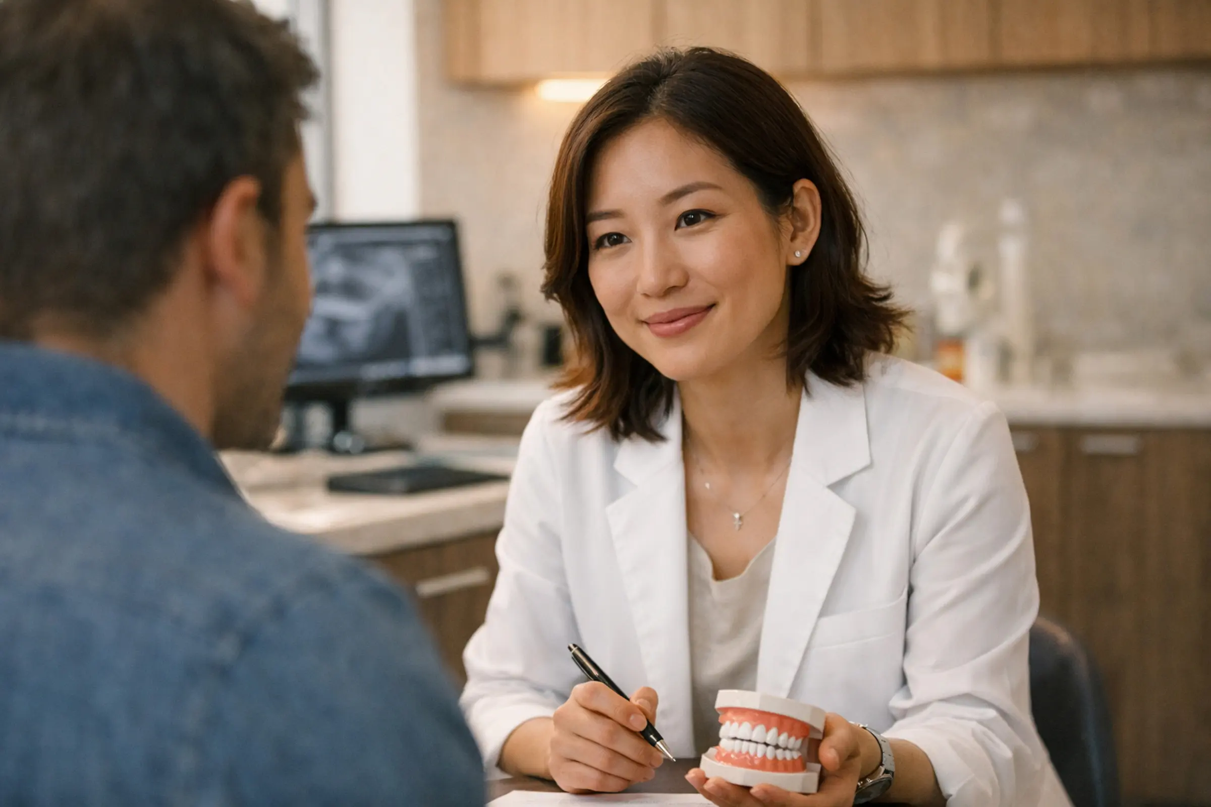 A female dentist in a white coat holding a dental model and pen, smiling and consulting a male patient in a dental office.