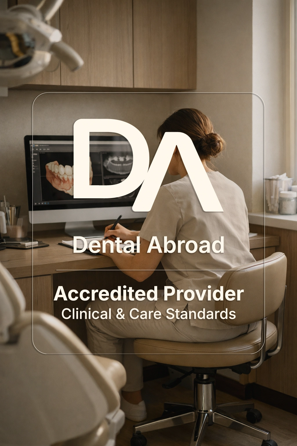 Dental professional seated at a desk writing notes, with dental X-rays displayed on a computer screen.